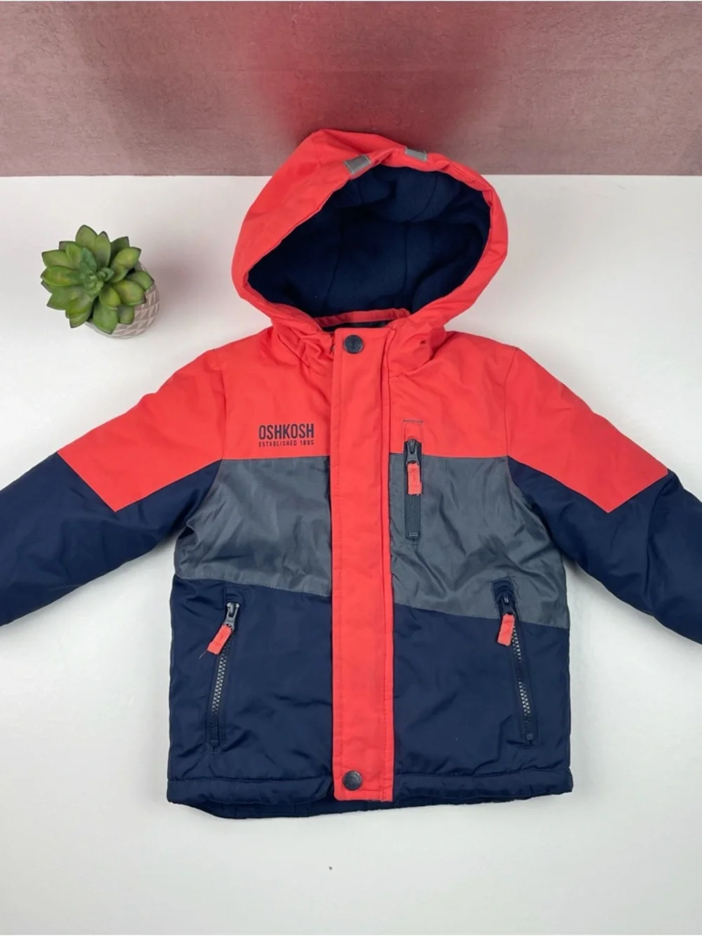 OshKosh B'gosh Orange Navy Blue Hooded Full Zip Coat Lined Camouflage Boy 3T